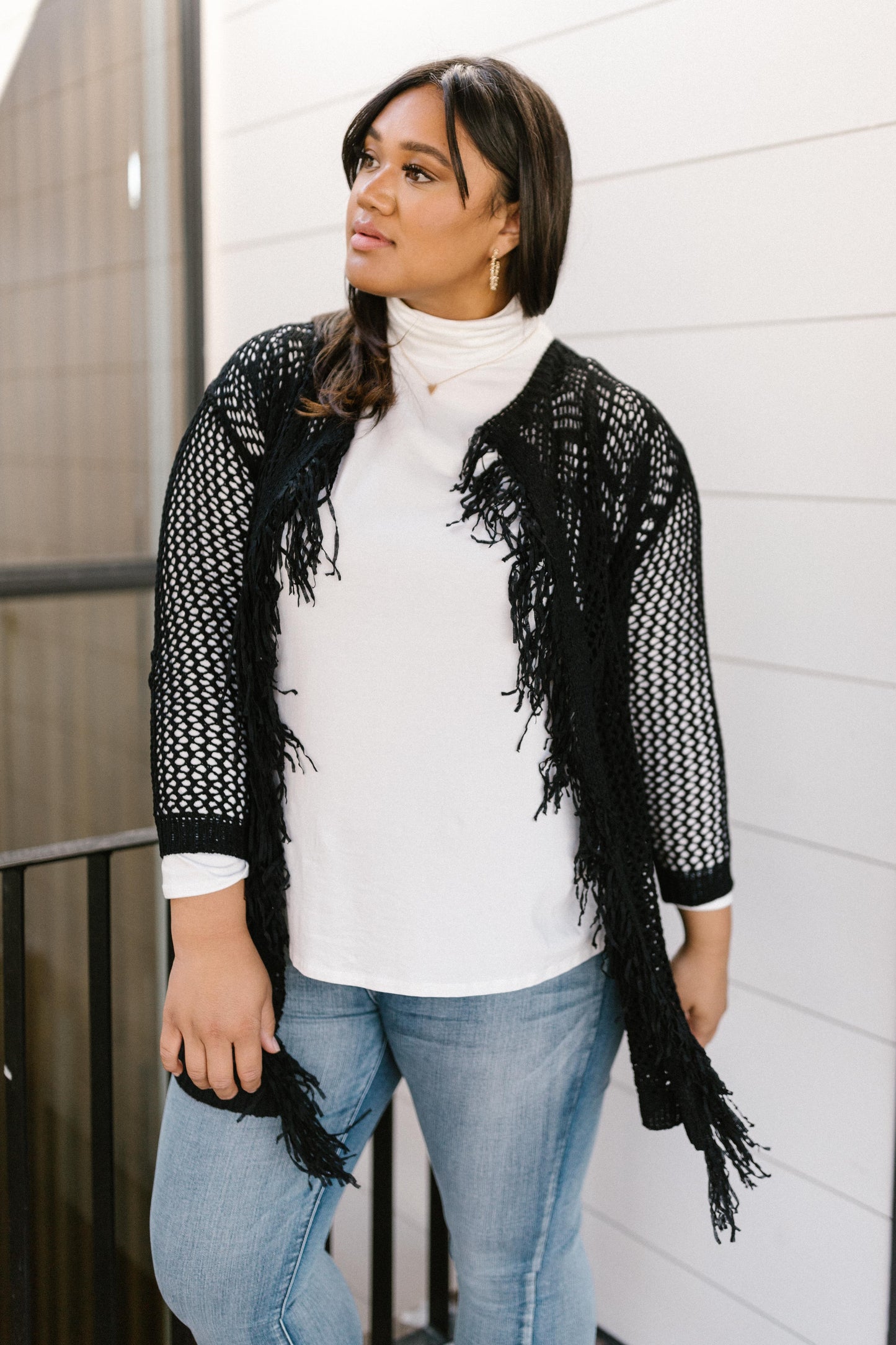 Knit And Fringe Cardigan in Black-Womens-Modish Lily, Tecumseh Michigan
