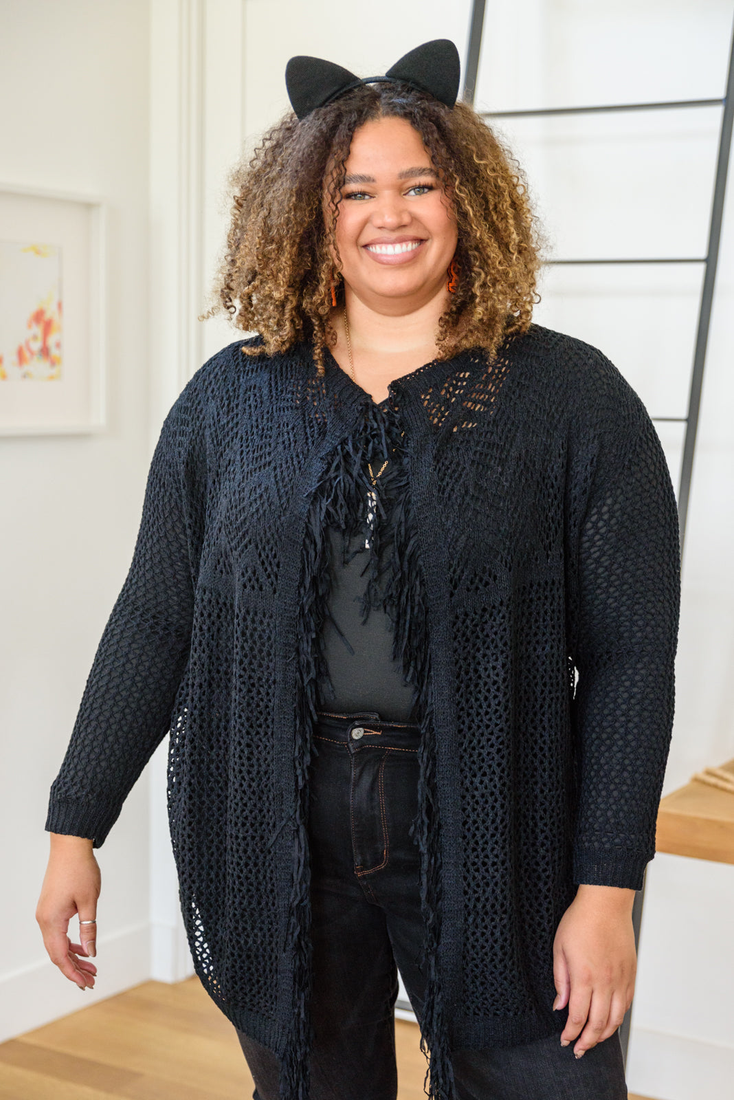 Knit And Fringe Cardigan in Black-Womens-Modish Lily, Tecumseh Michigan