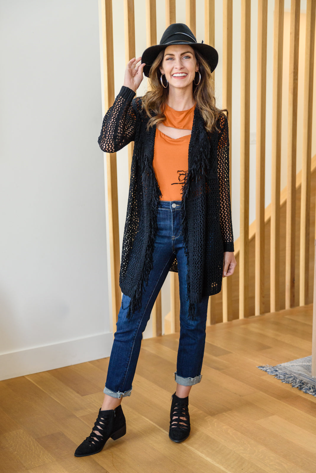 Knit And Fringe Cardigan in Black-Womens-Modish Lily, Tecumseh Michigan