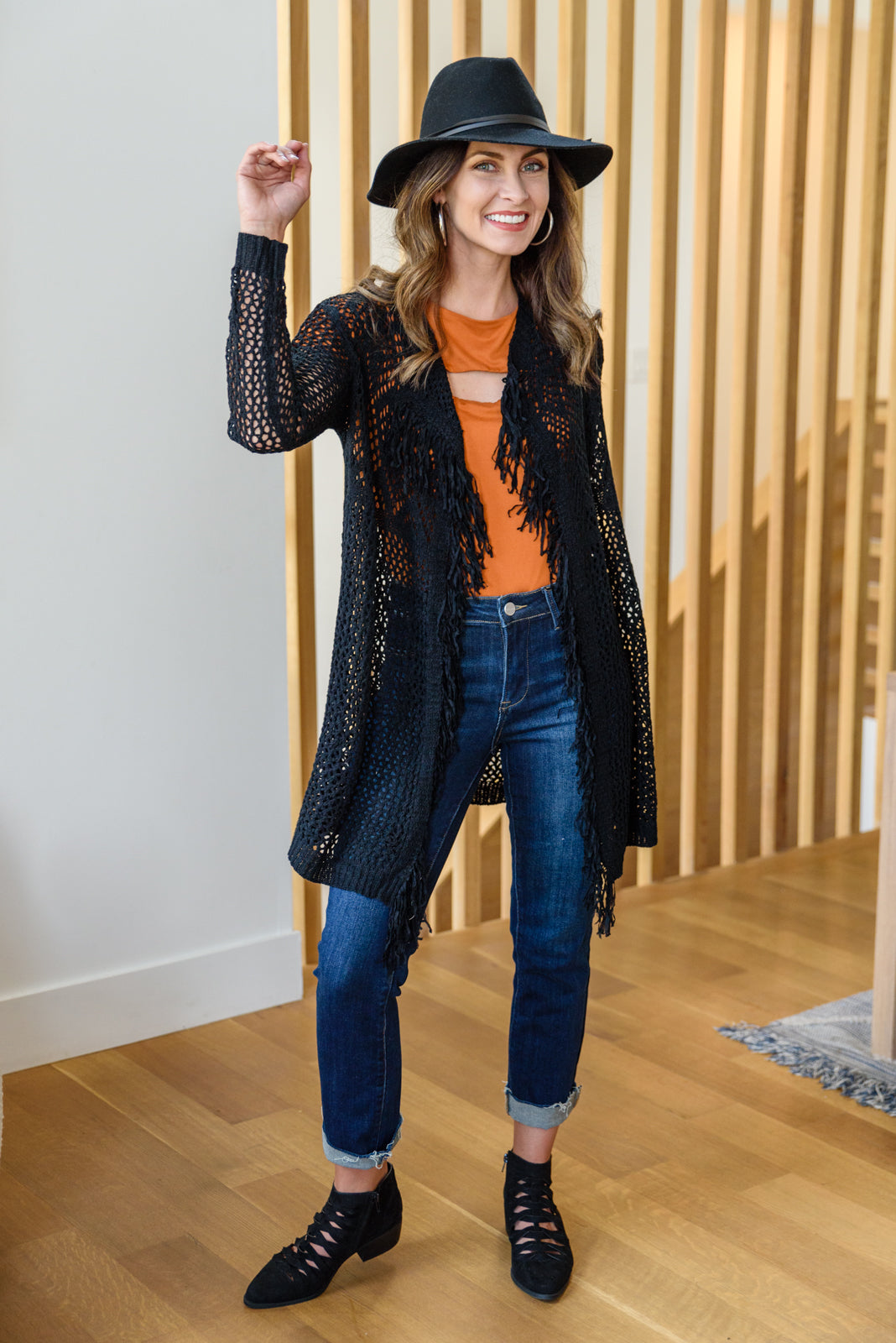 Knit And Fringe Cardigan in Black-Womens-Modish Lily, Tecumseh Michigan