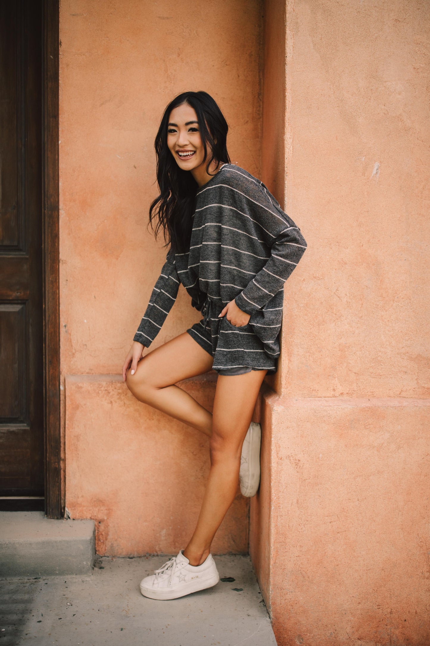 Lightweight Striped Shorts In Charcoal-Womens-Modish Lily, Tecumseh Michigan