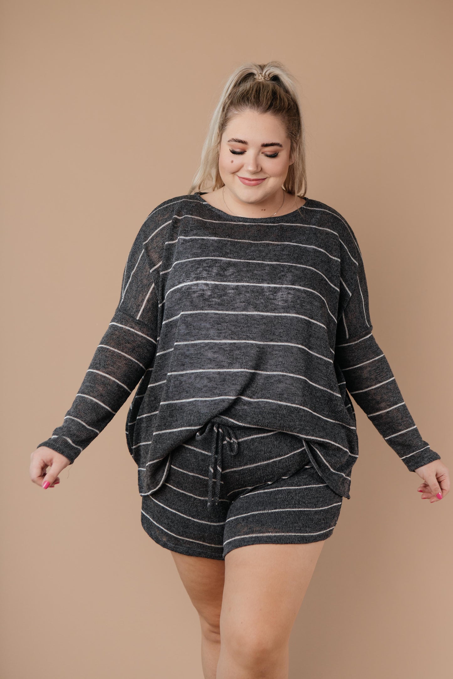 Lightweight Striped Shorts In Charcoal-Womens-Modish Lily, Tecumseh Michigan