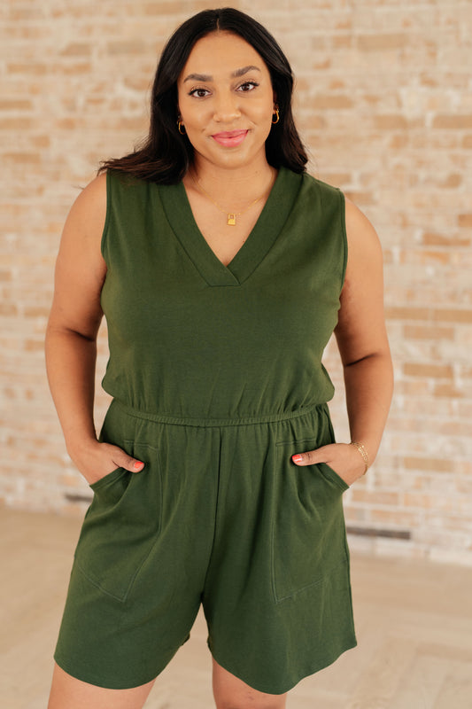 Sleeveless V-Neck Romper in Army Green-Jumpsuits & Rompers-Modish Lily, Tecumseh Michigan