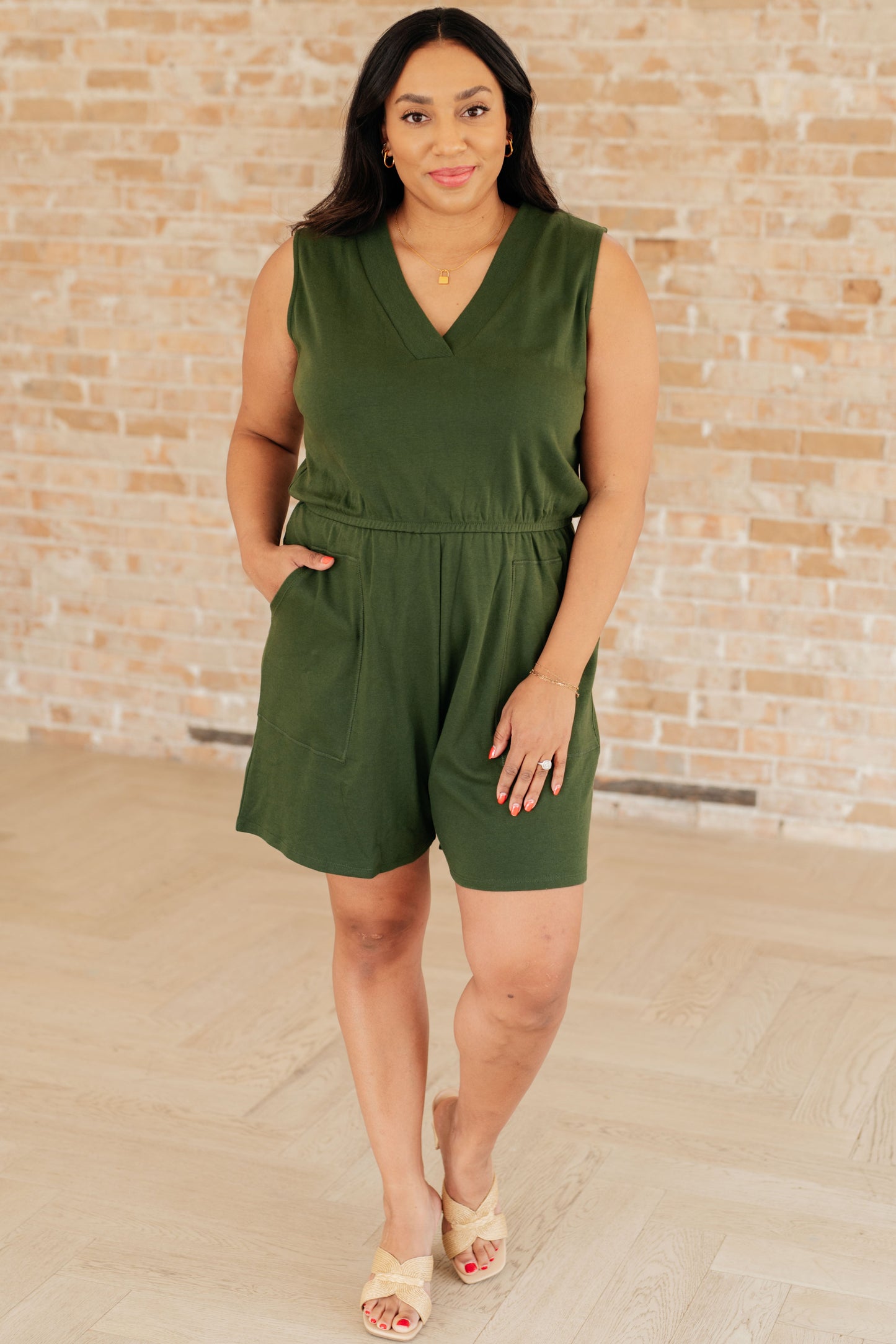 Sleeveless V-Neck Romper in Army Green-Jumpsuits & Rompers-Modish Lily, Tecumseh Michigan