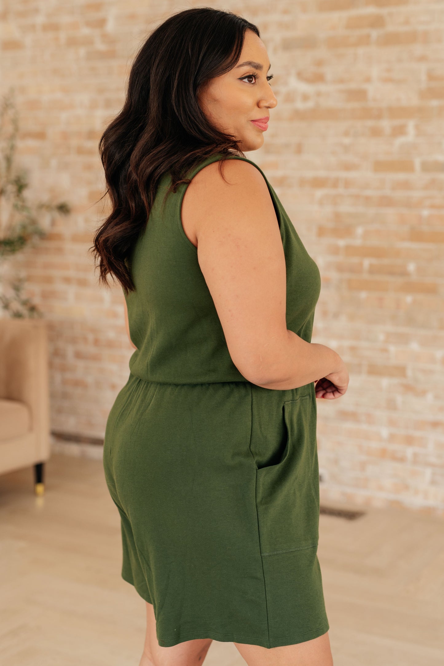 Sleeveless V-Neck Romper in Army Green-Jumpsuits & Rompers-Modish Lily, Tecumseh Michigan