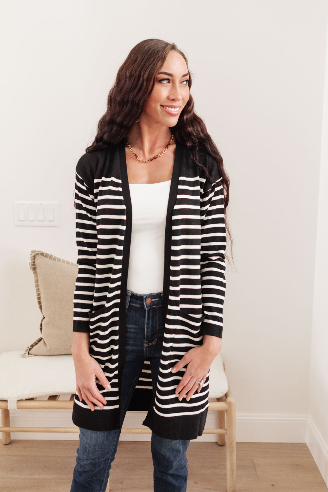 Swift Stripes Pocket Cardigan in Black & White-Womens-Modish Lily, Tecumseh Michigan