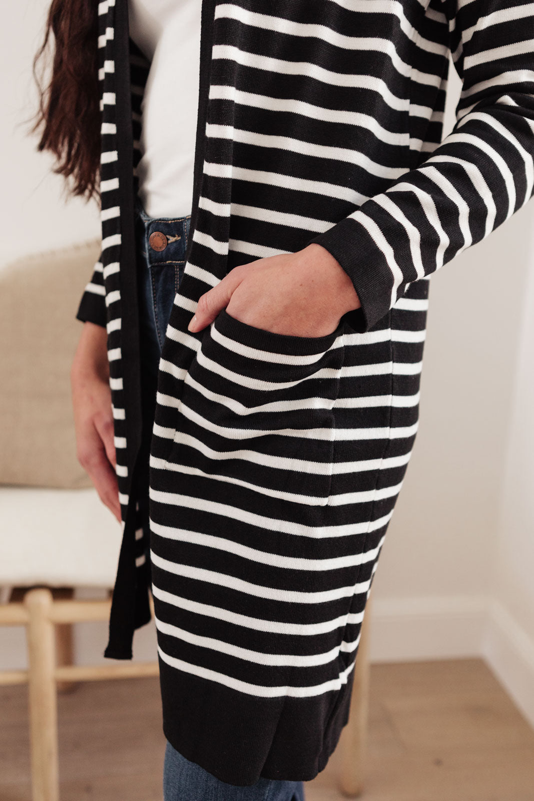 Swift Stripes Pocket Cardigan in Black & White-Womens-Modish Lily, Tecumseh Michigan