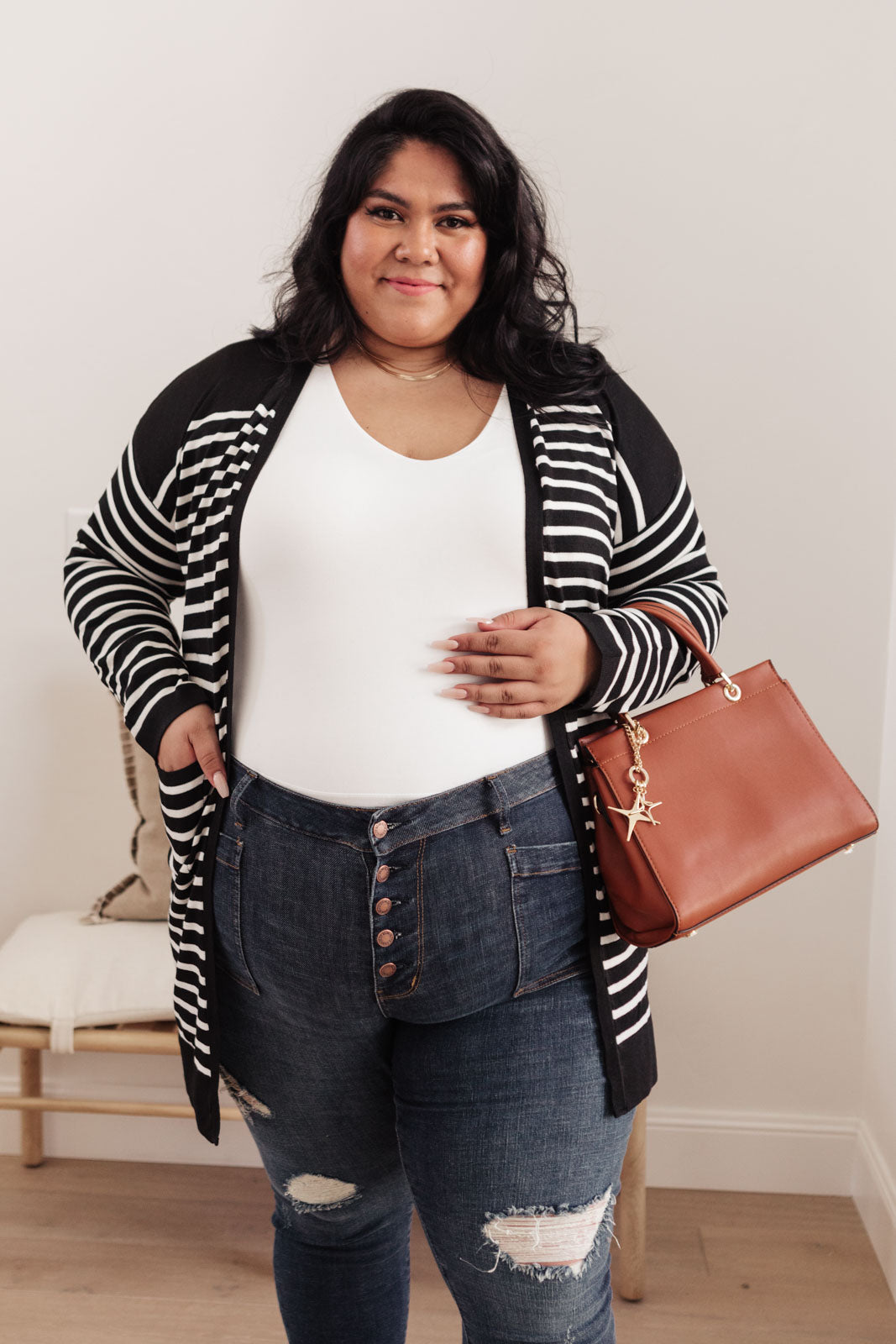 Swift Stripes Pocket Cardigan in Black & White-Womens-Modish Lily, Tecumseh Michigan