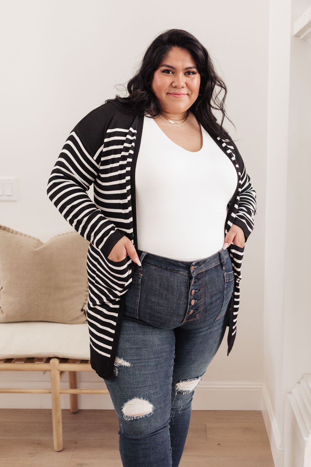 Swift Stripes Pocket Cardigan in Black & White-Womens-Modish Lily, Tecumseh Michigan
