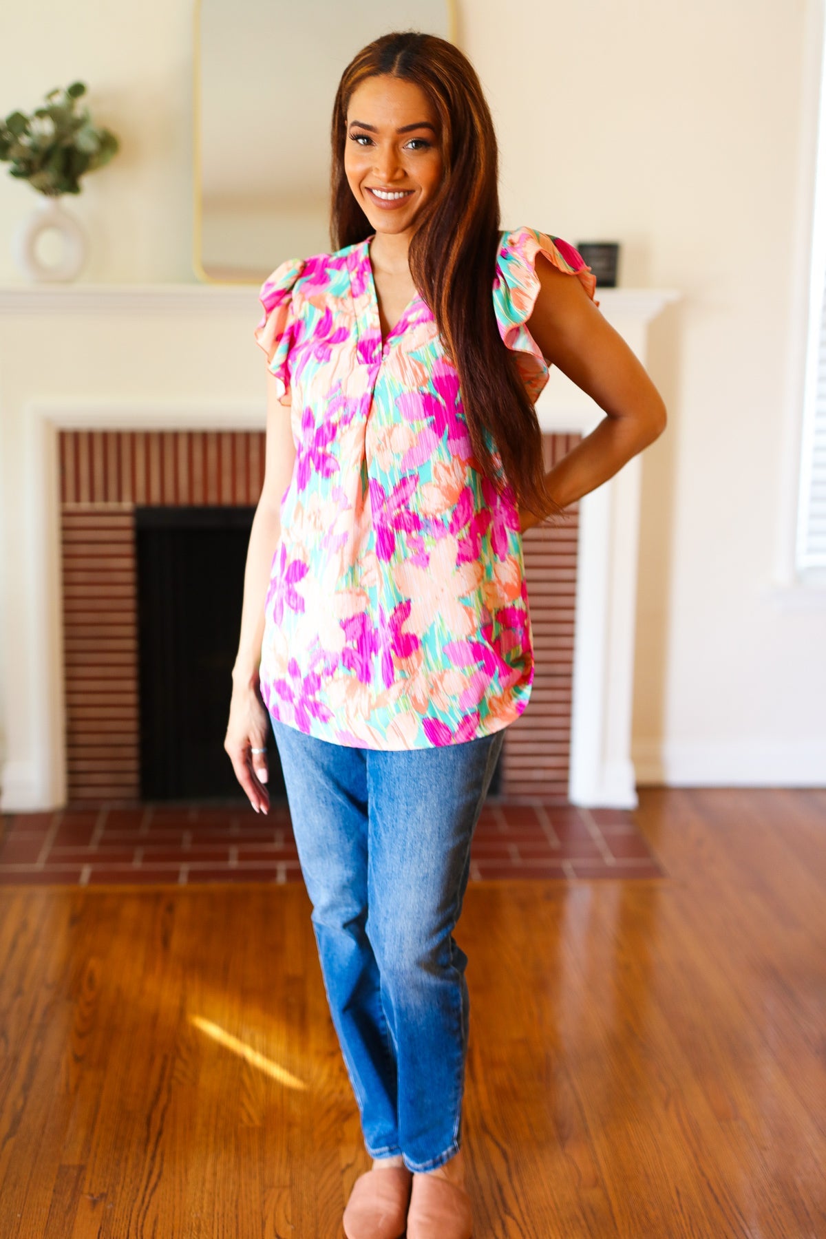 Tropical Breeze Peach Floral Banded V Neck Flutter Sleeve Top-Modish Lily, Tecumseh Michigan