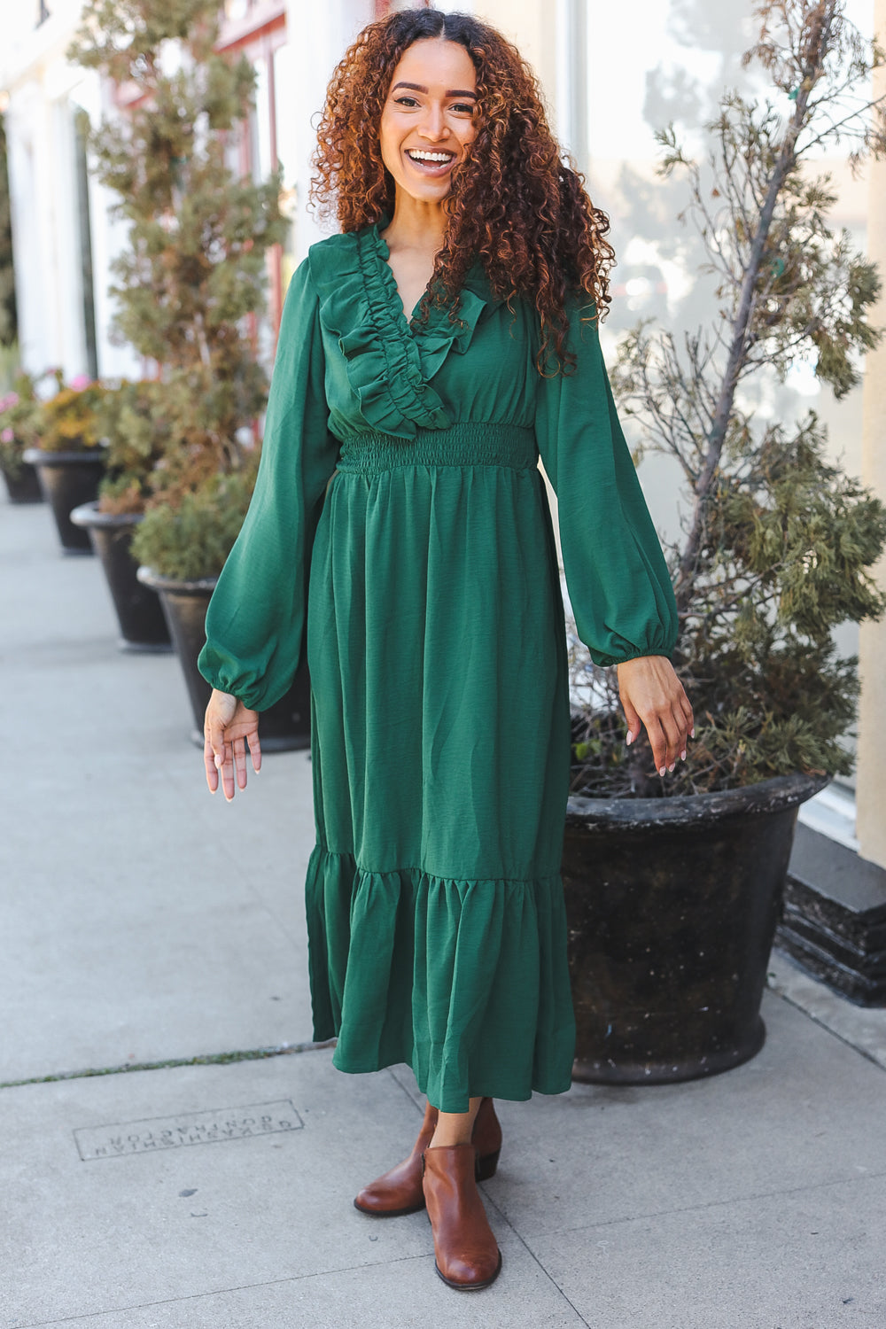 Beautiful You Holiday Green Overlap Ruffle V Neck Midi Dress-2024 Blow-Out Sale-Modish Lily, Tecumseh Michigan