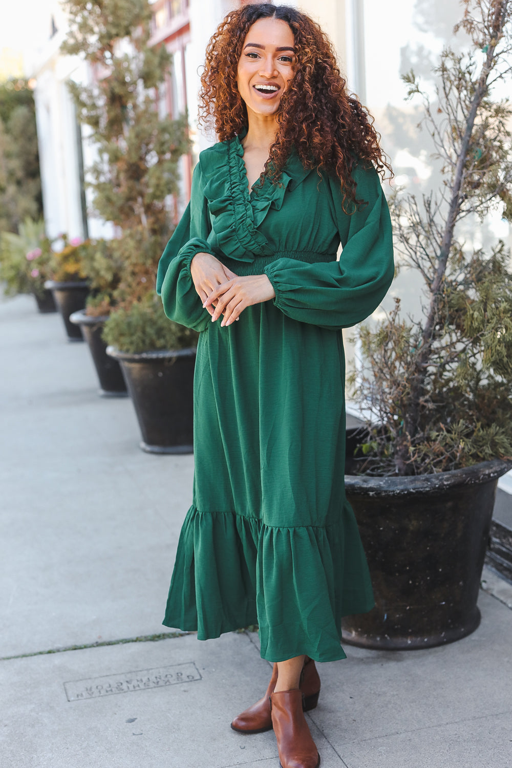 Beautiful You Holiday Green Overlap Ruffle V Neck Midi Dress-2024 Blow-Out Sale-Modish Lily, Tecumseh Michigan