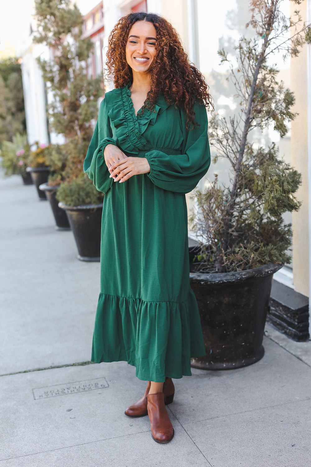 Beautiful You Holiday Green Overlap Ruffle V Neck Midi Dress-2024 Blow-Out Sale-Modish Lily, Tecumseh Michigan