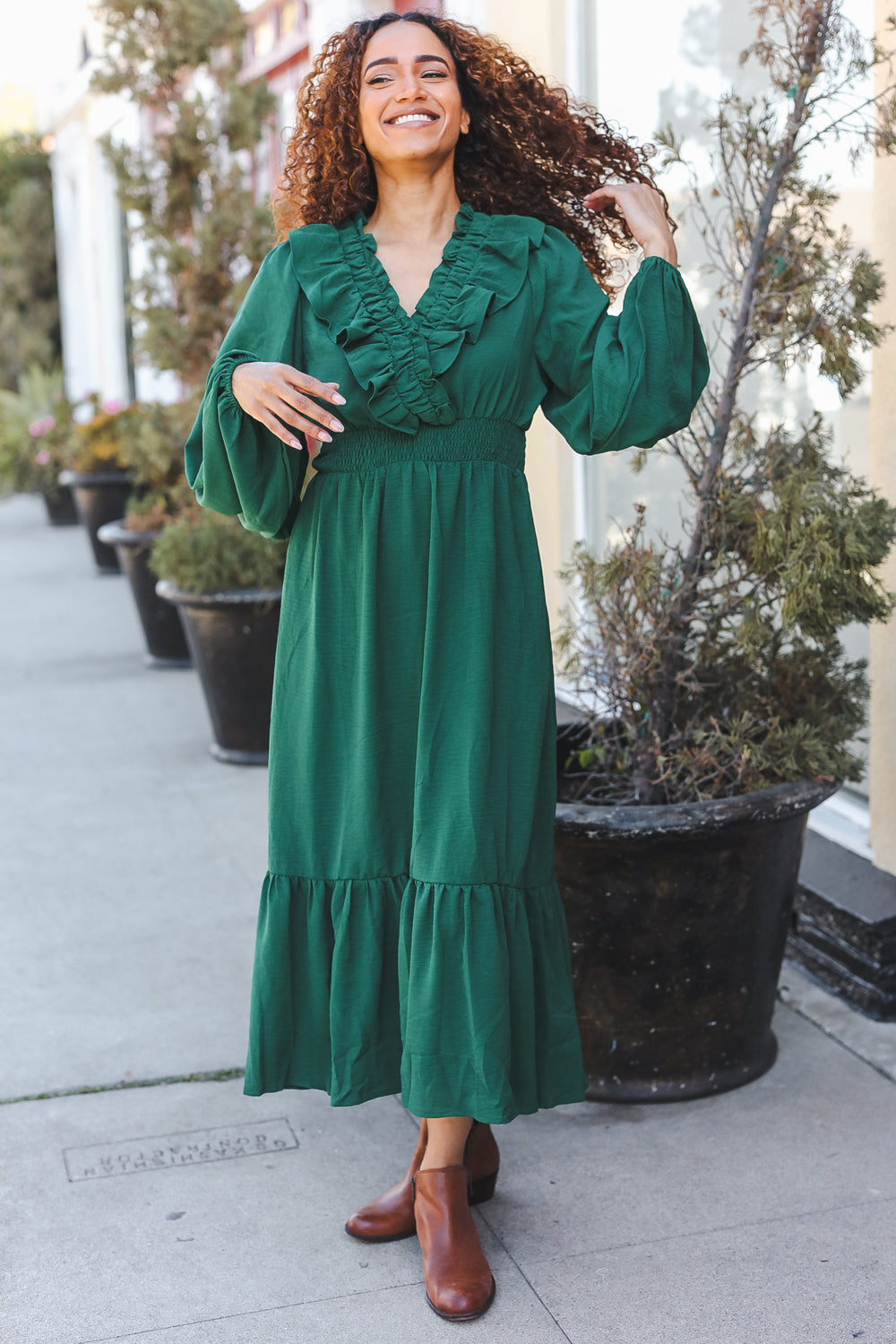 Beautiful You Holiday Green Overlap Ruffle V Neck Midi Dress-2024 Blow-Out Sale-Modish Lily, Tecumseh Michigan