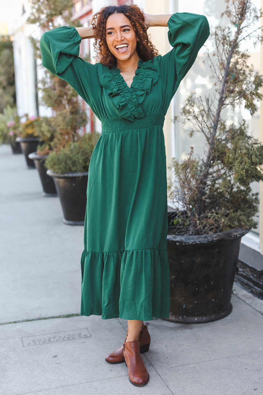 Beautiful You Holiday Green Overlap Ruffle V Neck Midi Dress-2024 Blow-Out Sale-Modish Lily, Tecumseh Michigan