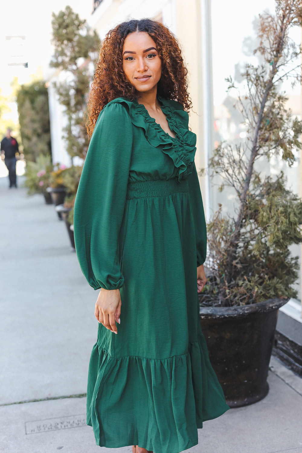 Beautiful You Holiday Green Overlap Ruffle V Neck Midi Dress-2024 Blow-Out Sale-Modish Lily, Tecumseh Michigan