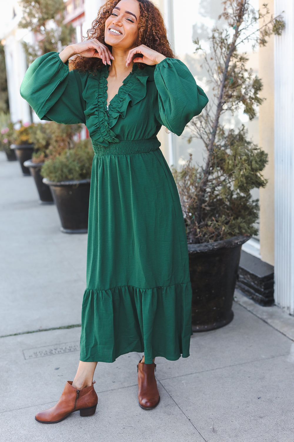 Beautiful You Holiday Green Overlap Ruffle V Neck Midi Dress-2024 Blow-Out Sale-Modish Lily, Tecumseh Michigan