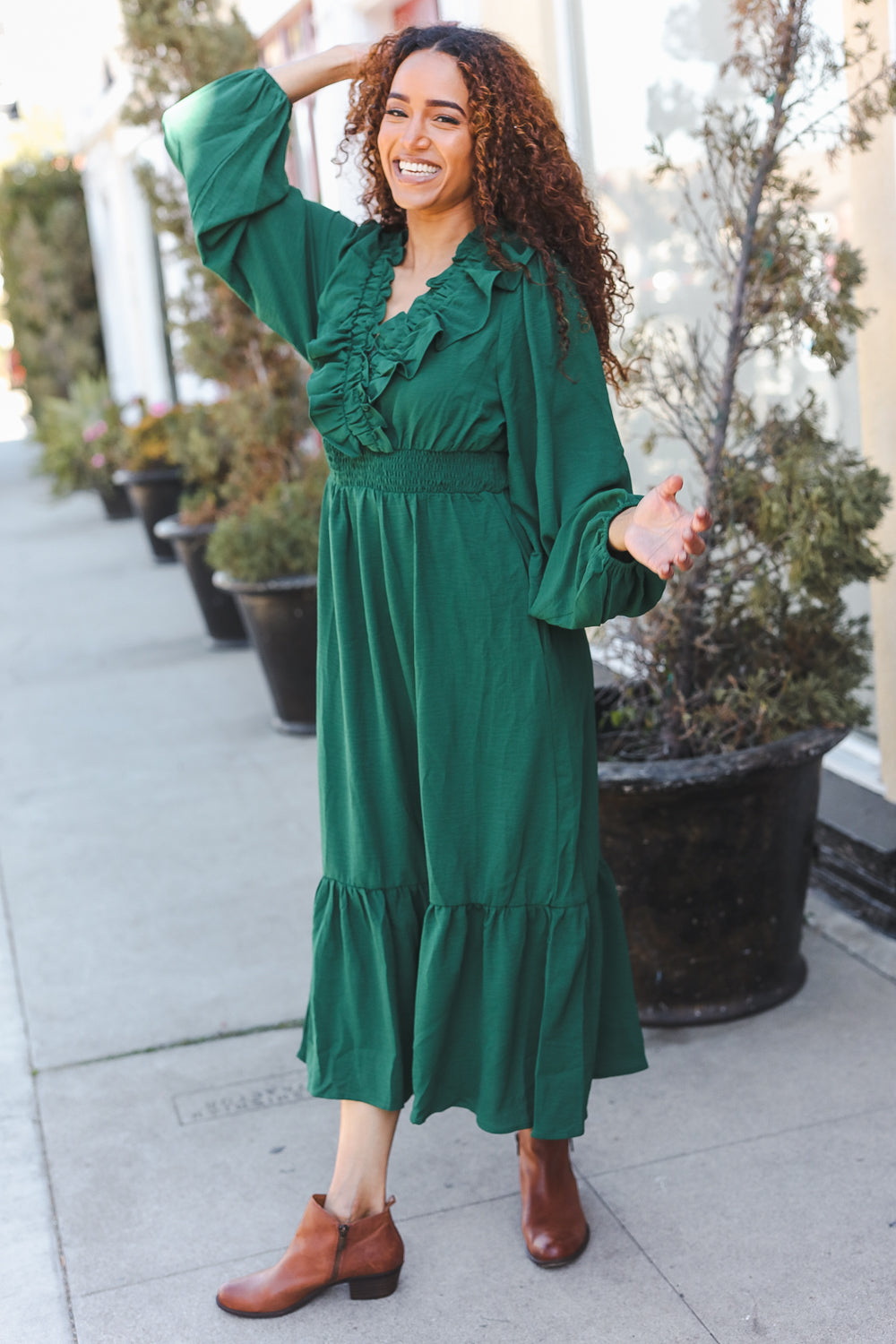 Beautiful You Holiday Green Overlap Ruffle V Neck Midi Dress-2024 Blow-Out Sale-Modish Lily, Tecumseh Michigan