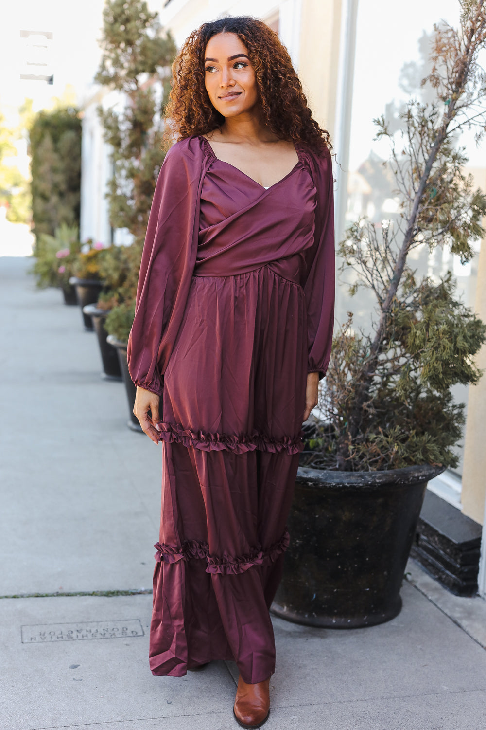 Holiday Vibes Wine Satin Front Overlap Smocked Back Maxi Dress-2024 Blow-Out Sale-Modish Lily, Tecumseh Michigan