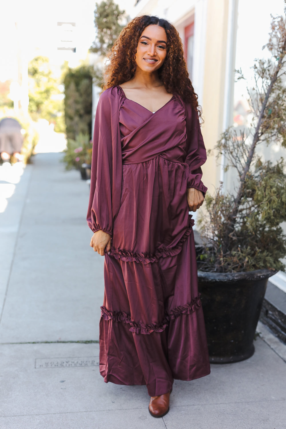 Holiday Vibes Wine Satin Front Overlap Smocked Back Maxi Dress-2024 Blow-Out Sale-Modish Lily, Tecumseh Michigan