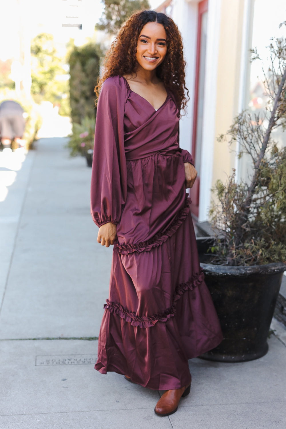 Holiday Vibes Wine Satin Front Overlap Smocked Back Maxi Dress-2024 Blow-Out Sale-Modish Lily, Tecumseh Michigan