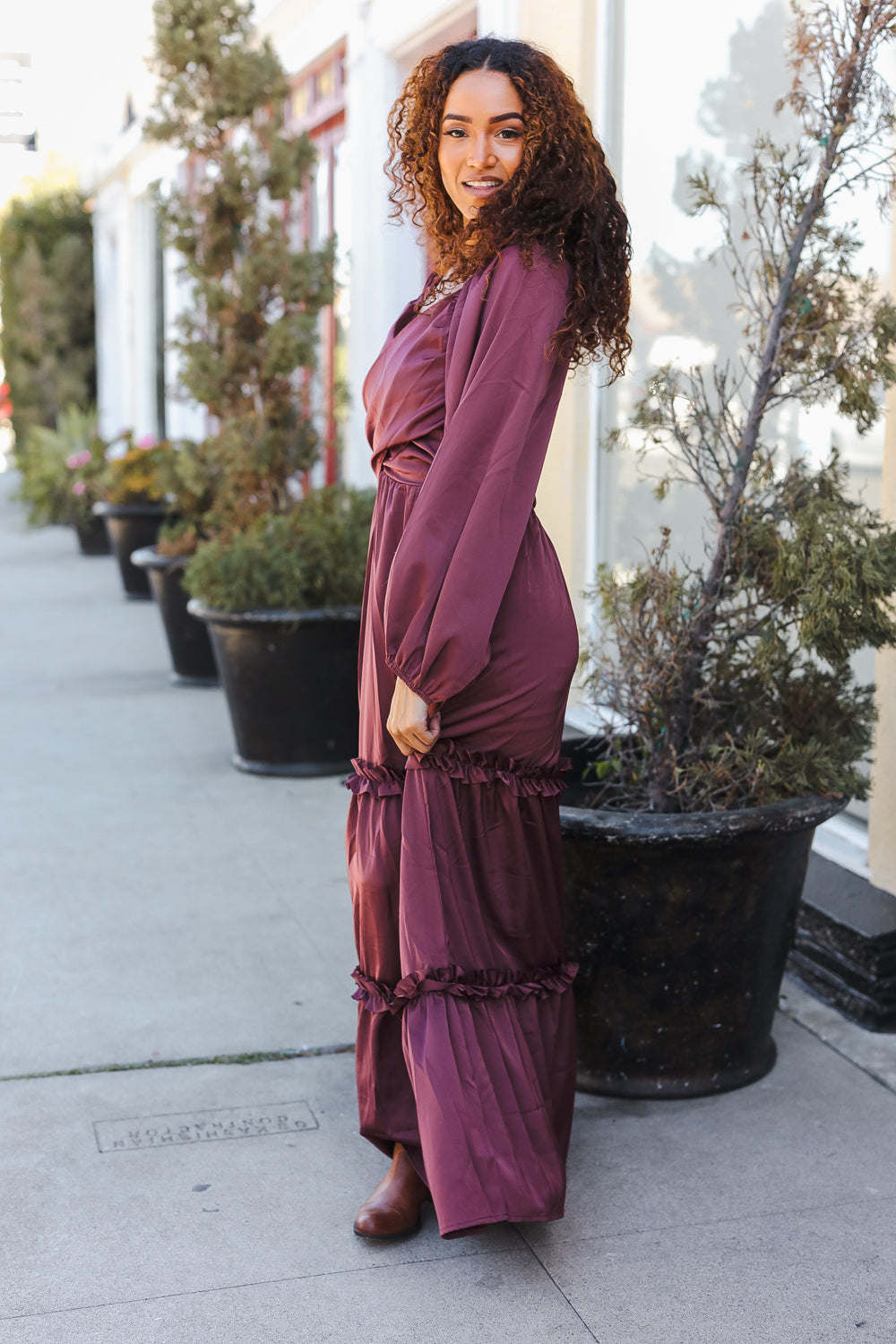 Holiday Vibes Wine Satin Front Overlap Smocked Back Maxi Dress-2024 Blow-Out Sale-Modish Lily, Tecumseh Michigan