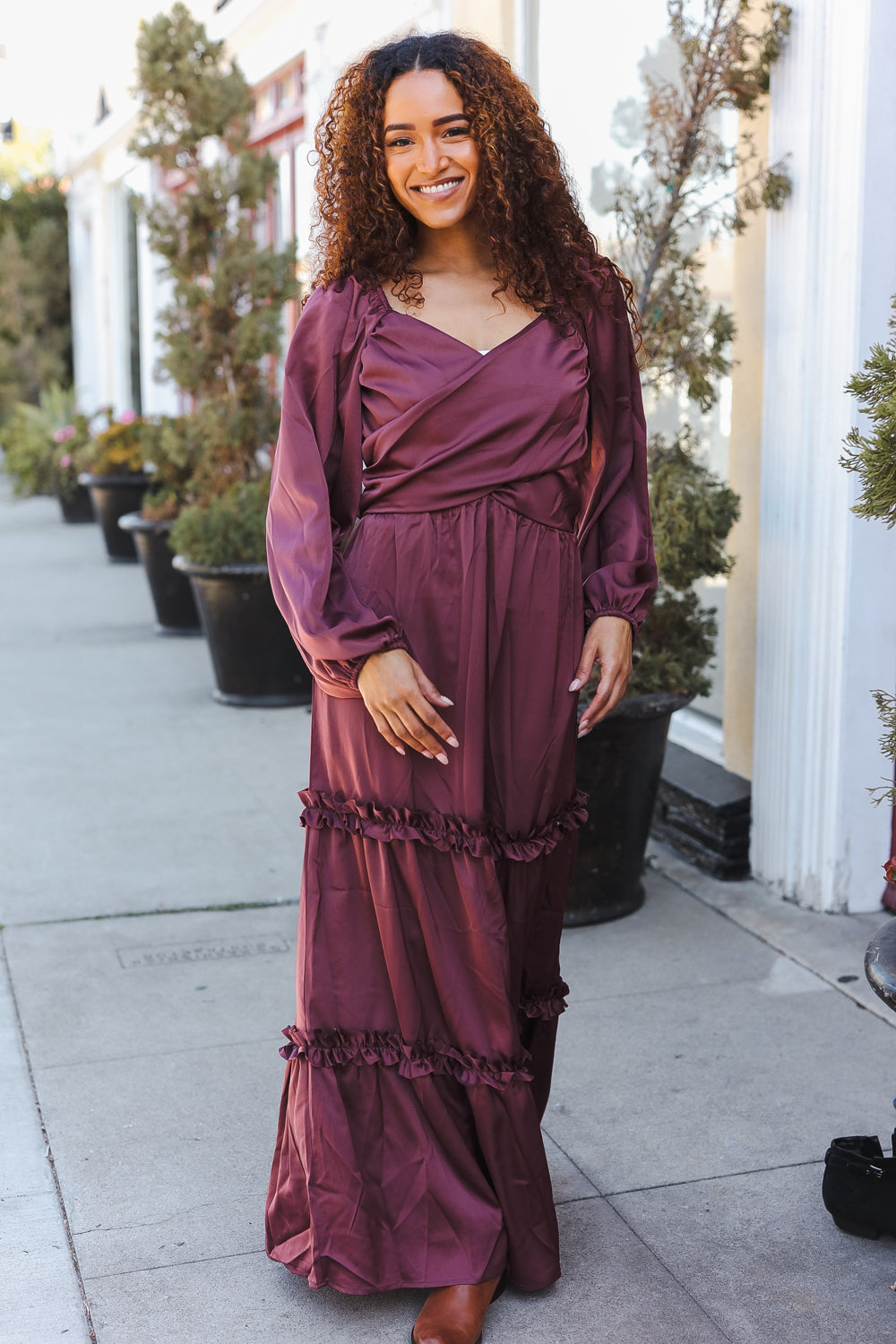 Holiday Vibes Wine Satin Front Overlap Smocked Back Maxi Dress-2024 Blow-Out Sale-Modish Lily, Tecumseh Michigan