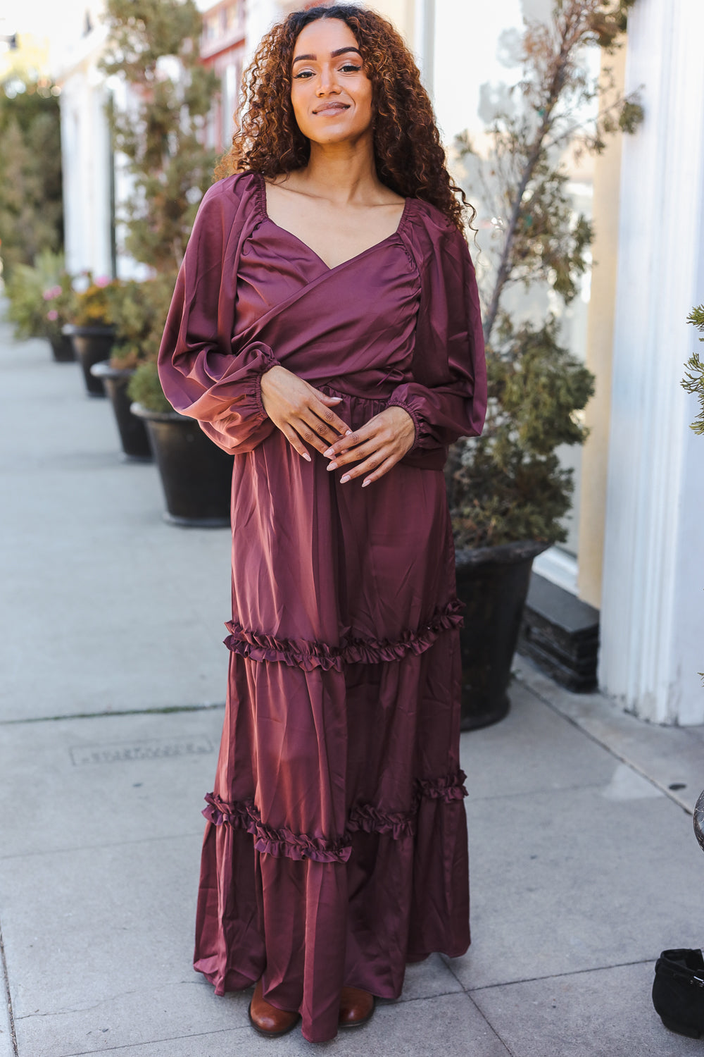 Holiday Vibes Wine Satin Front Overlap Smocked Back Maxi Dress-2024 Blow-Out Sale-Modish Lily, Tecumseh Michigan