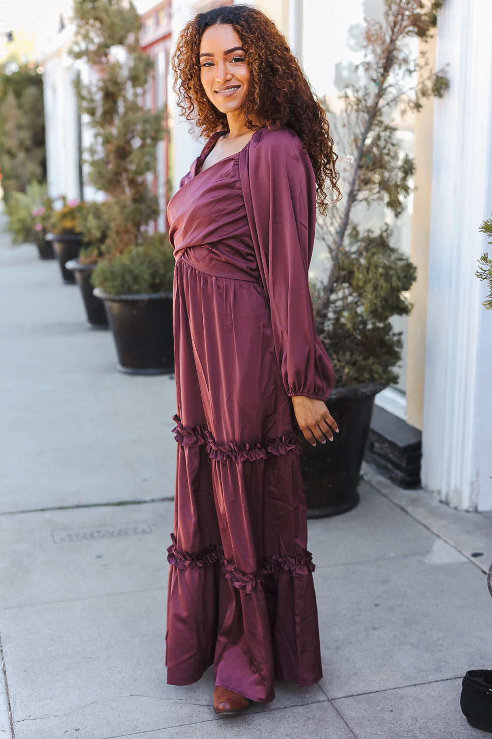 Holiday Vibes Wine Satin Front Overlap Smocked Back Maxi Dress-2024 Blow-Out Sale-Modish Lily, Tecumseh Michigan