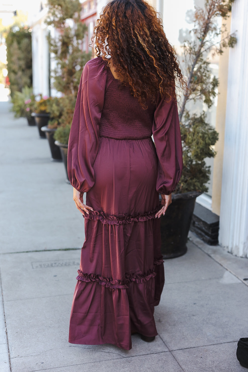 Holiday Vibes Wine Satin Front Overlap Smocked Back Maxi Dress-2024 Blow-Out Sale-Modish Lily, Tecumseh Michigan