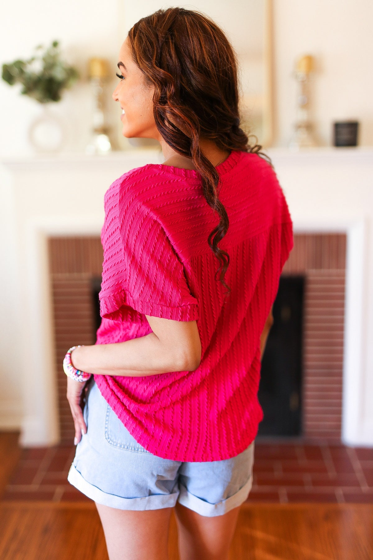 Be Your Best Fuchsia Cable Knit Dolman Short Sleeve Sweater Top-Modish Lily, Tecumseh Michigan