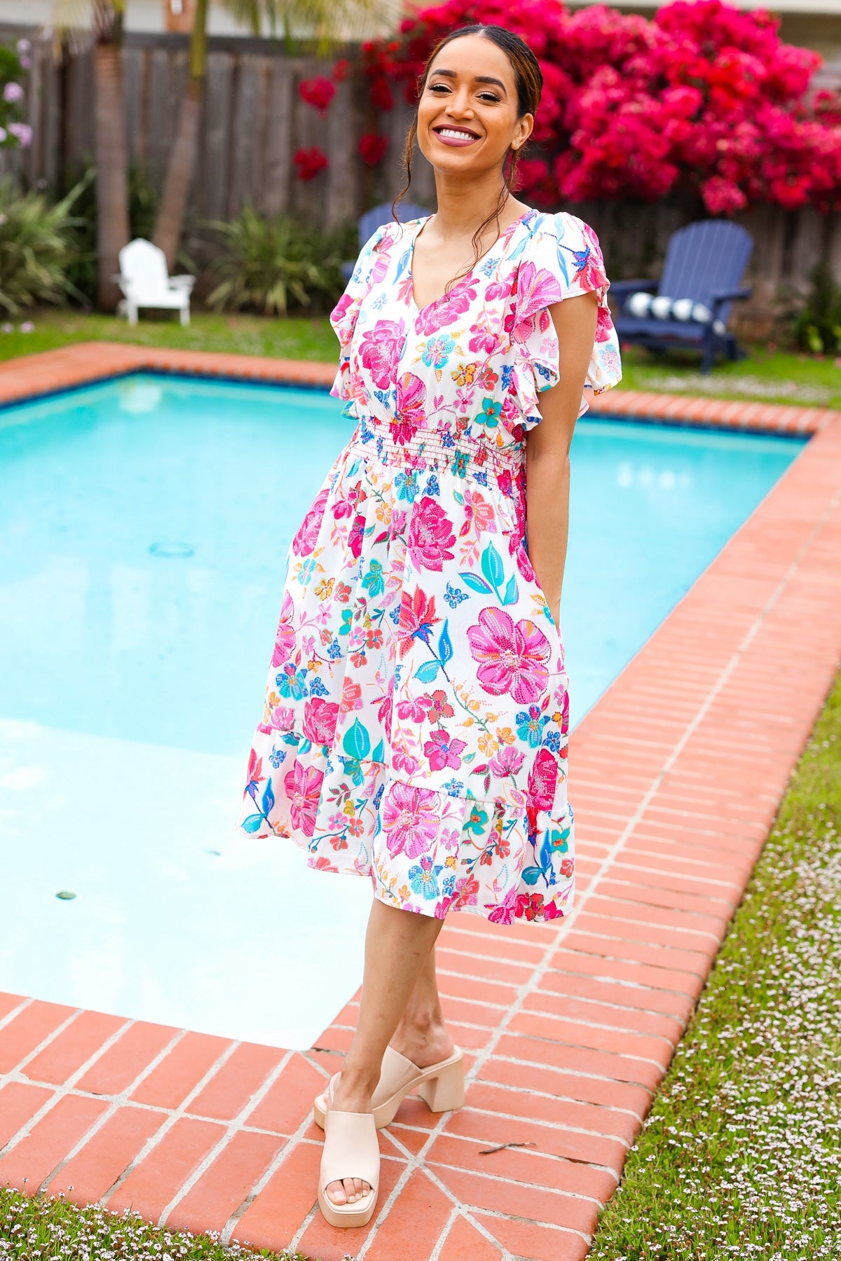 Hello Beautiful Ivory & Fuchsia Floral Sequin Smock Waist Midi Dress-Modish Lily, Tecumseh Michigan