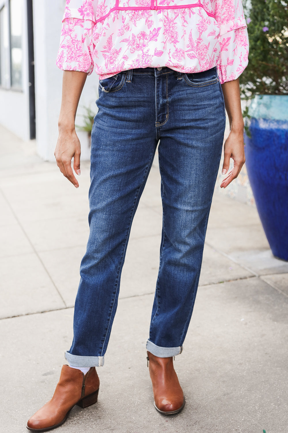 Judy Blue Mid Rise Cuffed Boyfriend Straight Leg Jeans-Modish Lily, Tecumseh Michigan