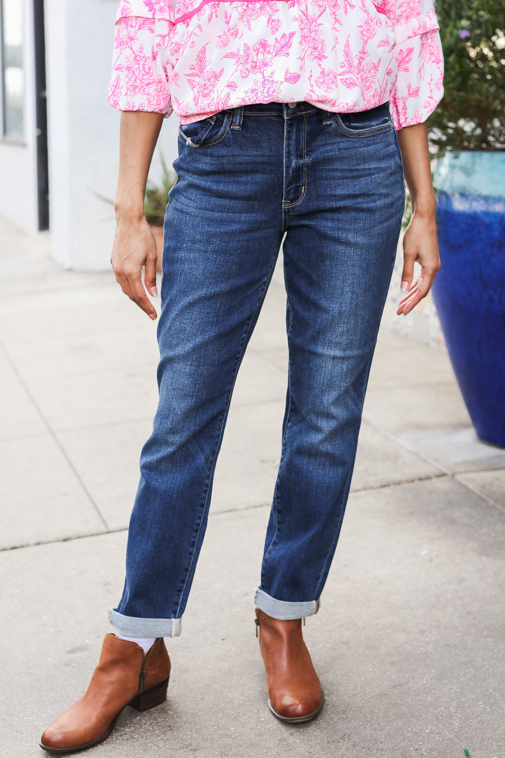 Judy Blue Mid Rise Cuffed Boyfriend Straight Leg Jeans-Modish Lily, Tecumseh Michigan