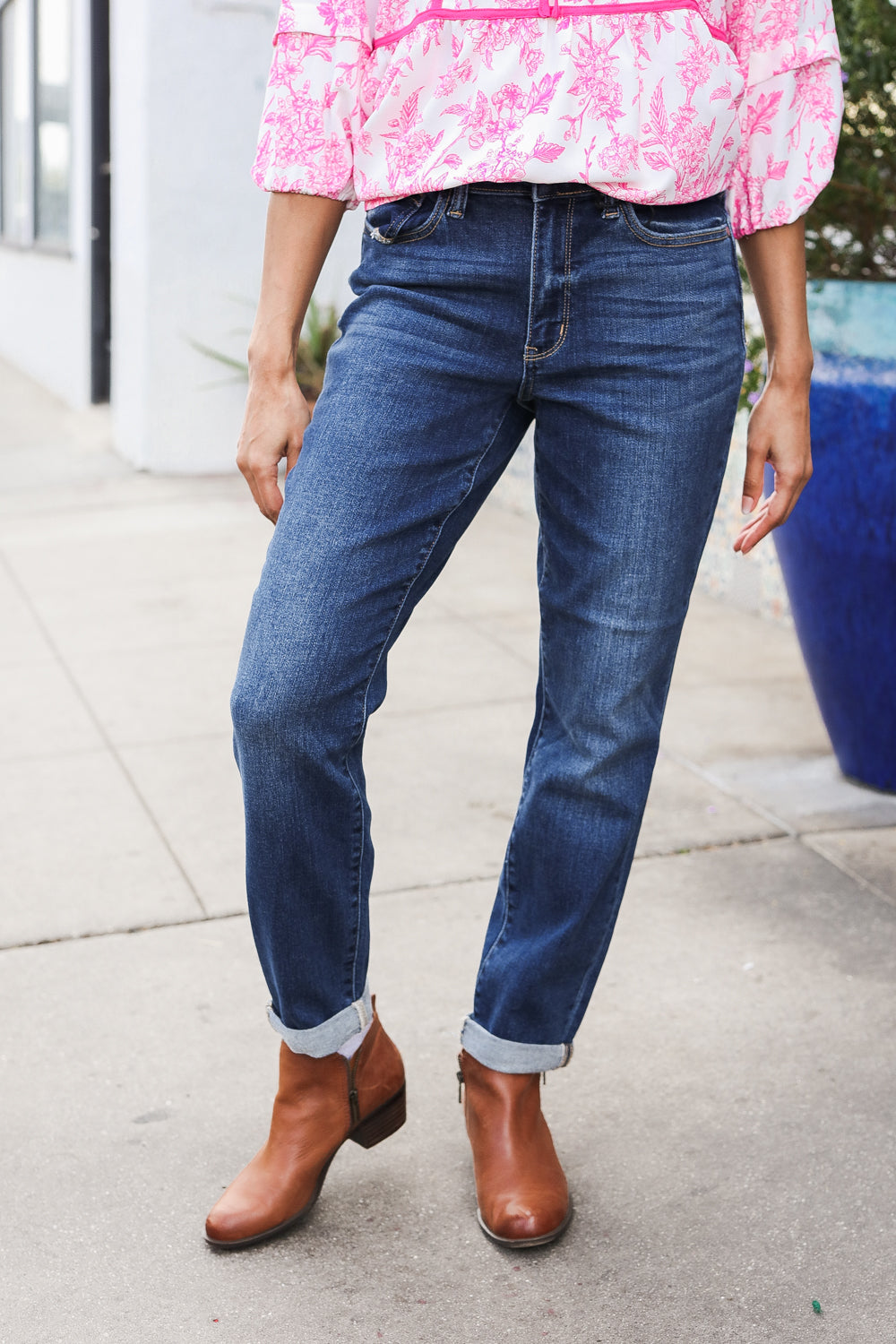 Judy Blue Mid Rise Cuffed Boyfriend Straight Leg Jeans-Modish Lily, Tecumseh Michigan