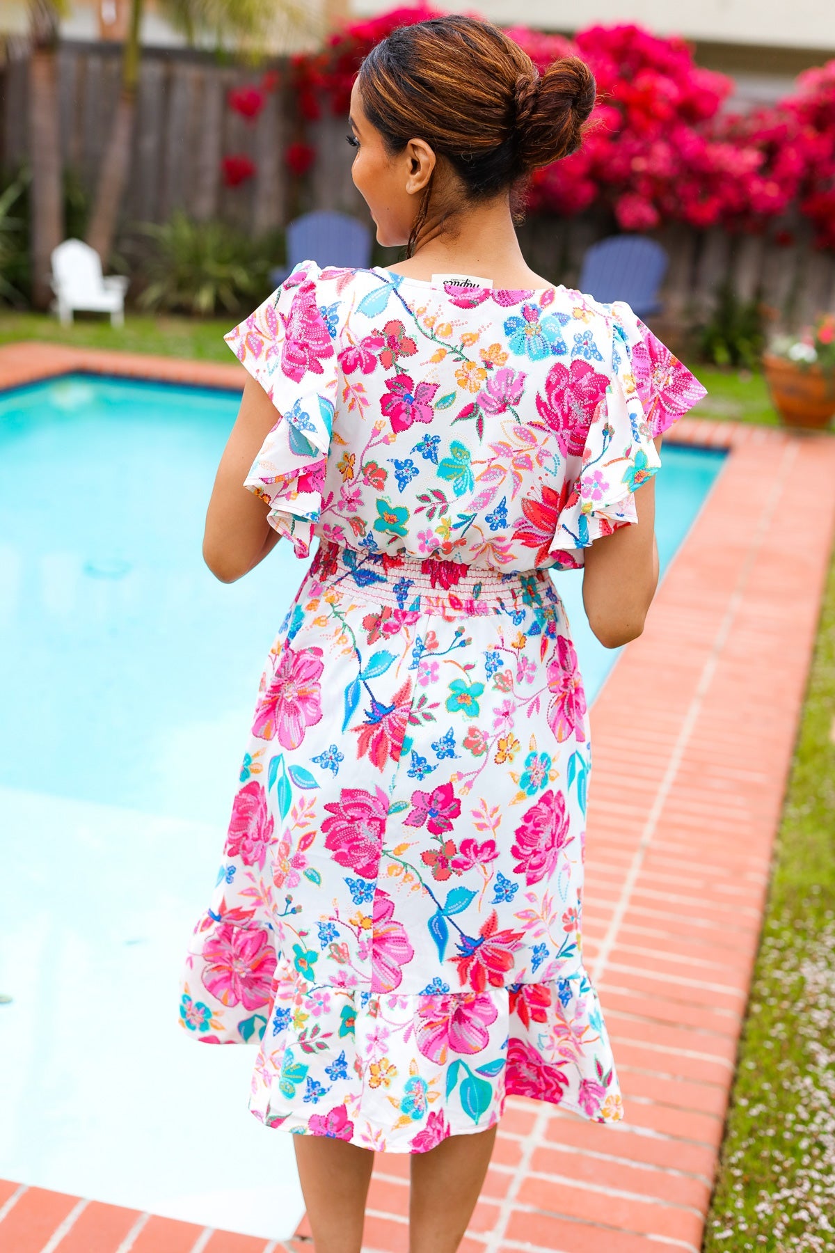 Hello Beautiful Ivory & Fuchsia Floral Sequin Smock Waist Midi Dress-Modish Lily, Tecumseh Michigan