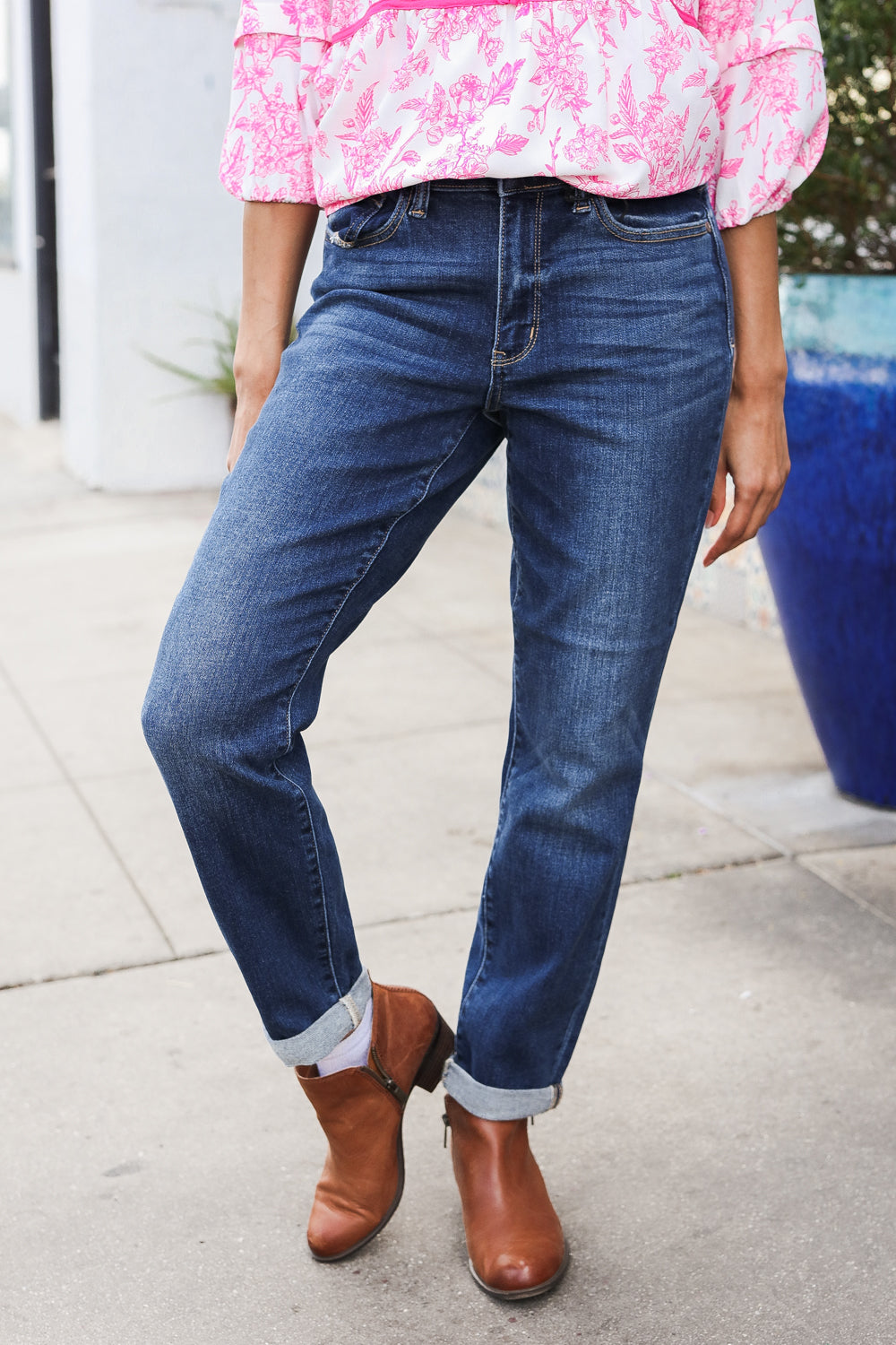 Judy Blue Mid Rise Cuffed Boyfriend Straight Leg Jeans-Modish Lily, Tecumseh Michigan