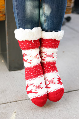 Red Holiday Reindeer Sherpa Traction Bottom Slipper Socks-Modish Lily, Tecumseh Michigan