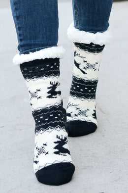 Black Reindeer Sherpa Traction Bottom Slipper Socks-Modish Lily, Tecumseh Michigan