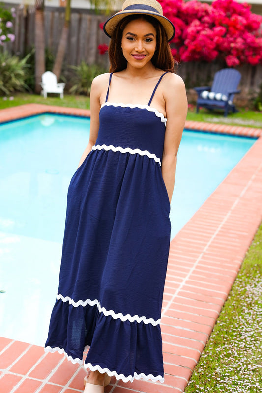 Bold & Sassy Navy Square Neck Ric Rac Trim Adjustable Straps Maxi-Modish Lily, Tecumseh Michigan