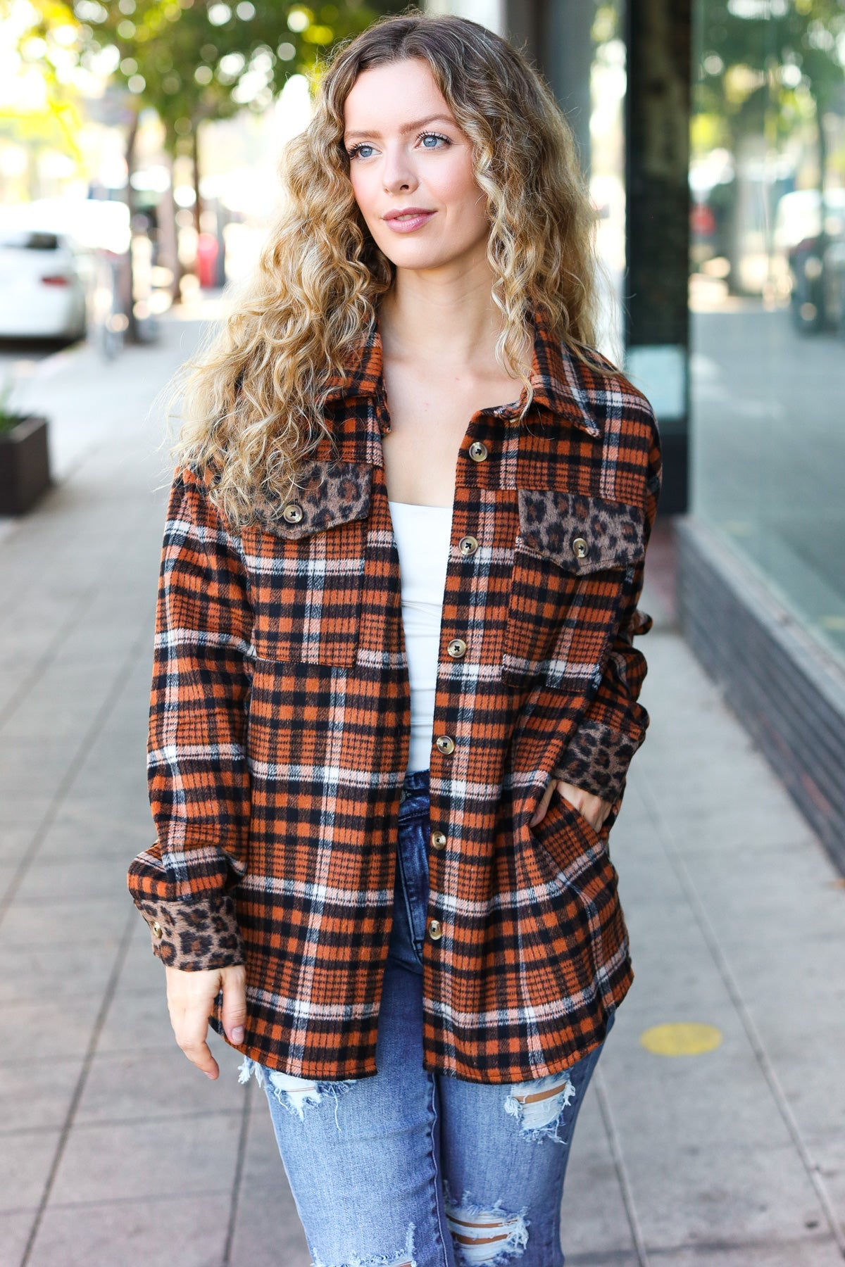 Put Together Rust Plaid & Animal Print Button Down Jacket-Modish Lily, Tecumseh Michigan