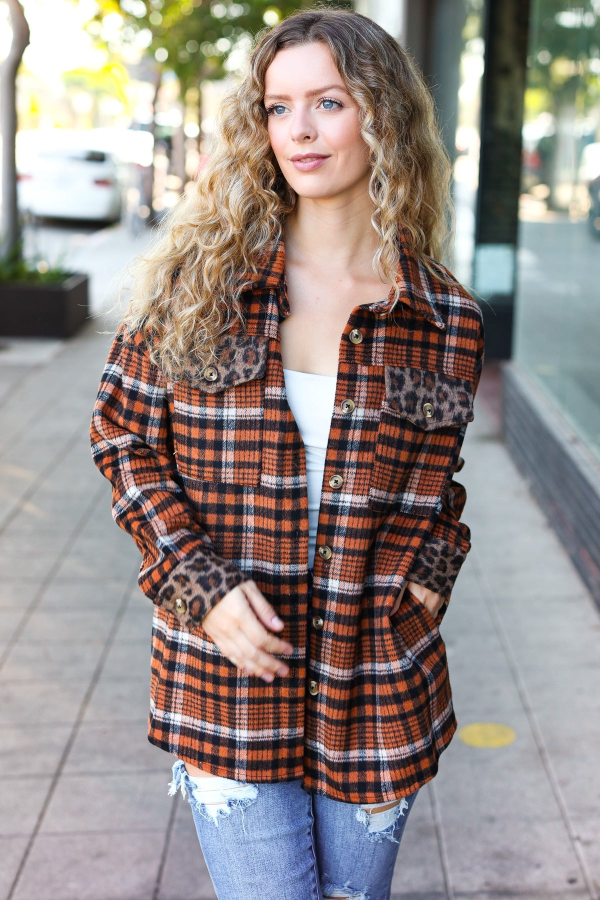 Put Together Rust Plaid & Animal Print Button Down Jacket-Modish Lily, Tecumseh Michigan