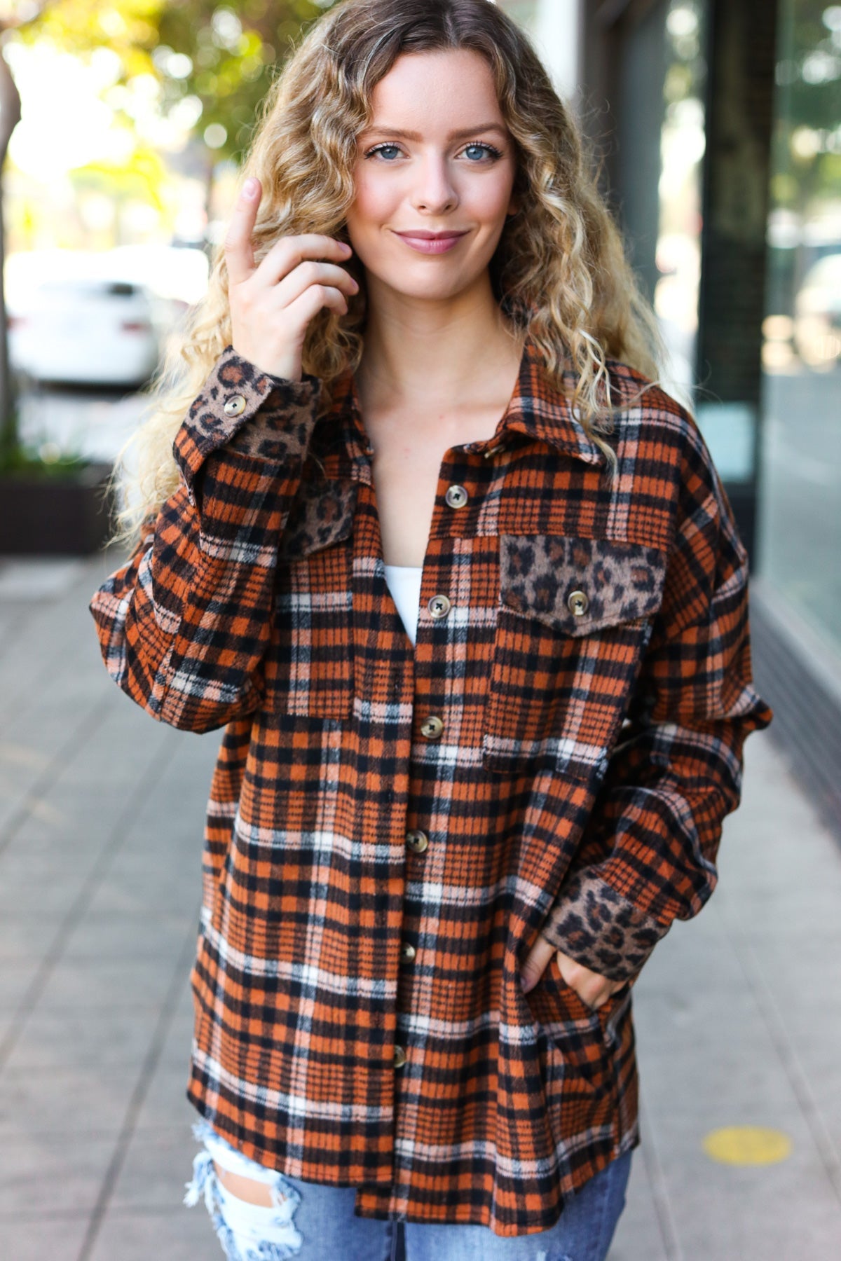 Put Together Rust Plaid & Animal Print Button Down Jacket-Modish Lily, Tecumseh Michigan