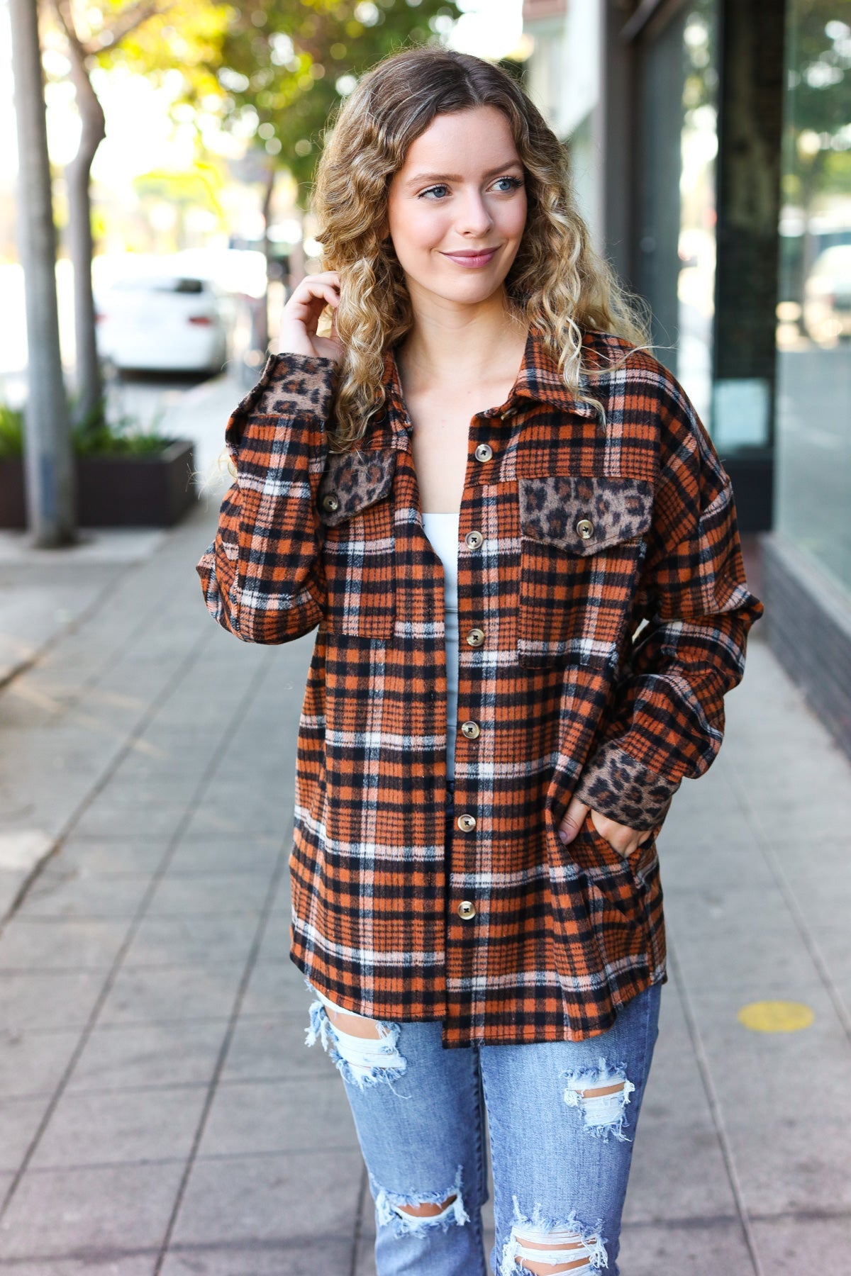 Put Together Rust Plaid & Animal Print Button Down Jacket-Modish Lily, Tecumseh Michigan