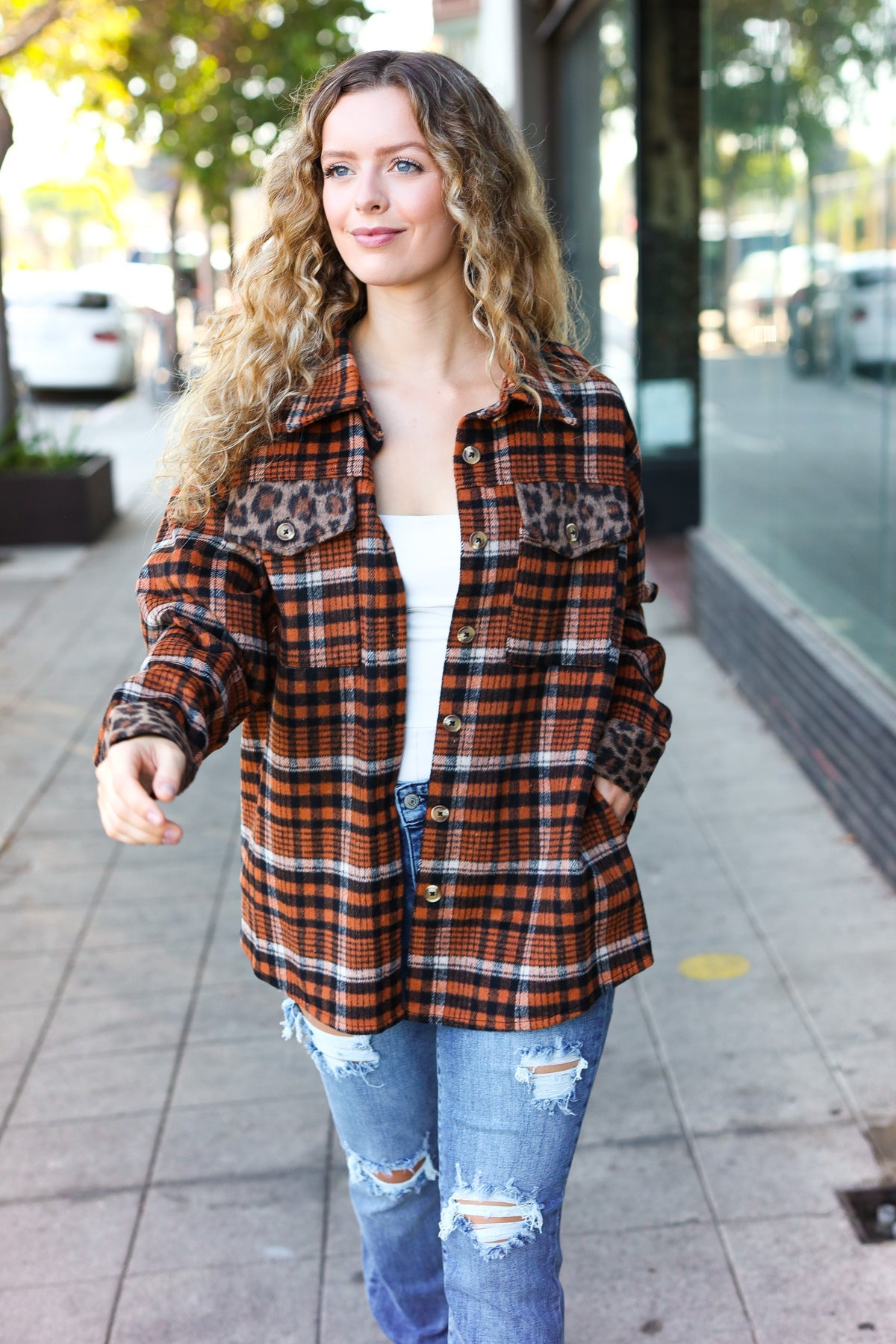 Put Together Rust Plaid & Animal Print Button Down Jacket-Modish Lily, Tecumseh Michigan