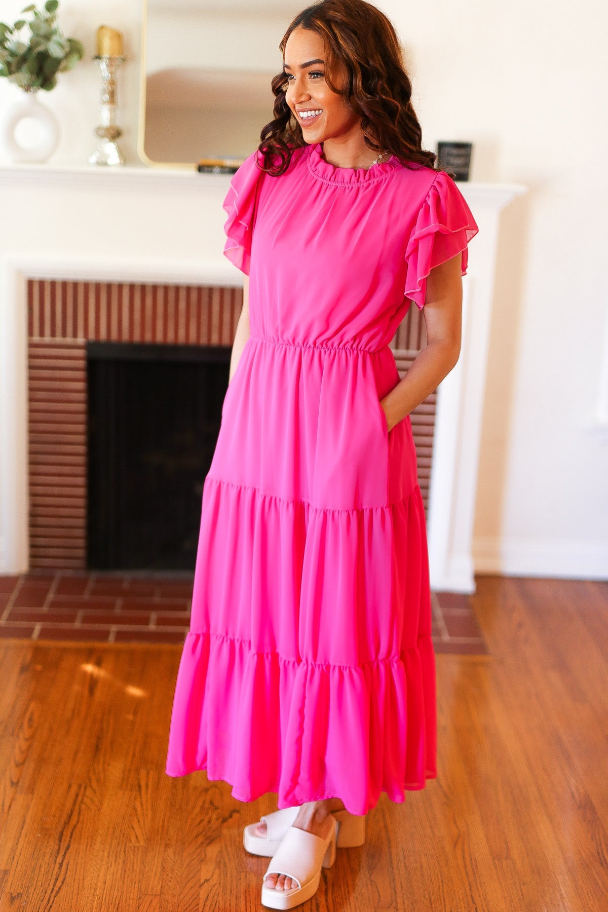 Perfectly You Hot Pink Mock Neck Tiered Chiffon Maxi Dress-Modish Lily, Tecumseh Michigan