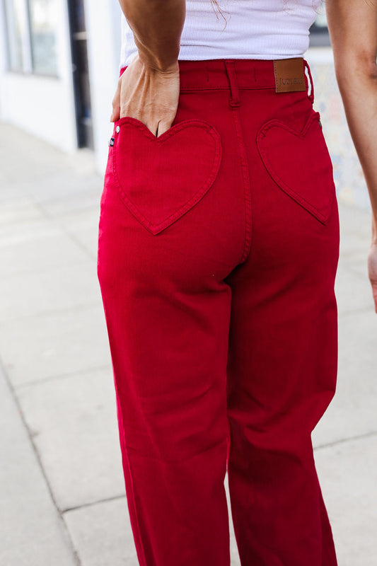 Judy Blue Heart Shaped High Rise Red Straight Leg Jeans-Modish Lily, Tecumseh Michigan