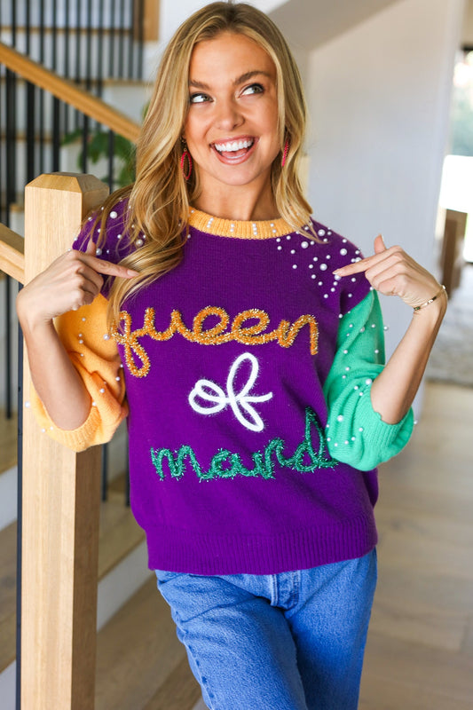 "Queen of Mardi" Pearl & Tinsel Color Block Knit Top-Modish Lily, Tecumseh Michigan