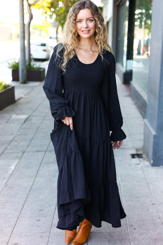 Beautiful You Black Smocked Ruffle Sleeve Maxi Dress-Modish Lily, Tecumseh Michigan