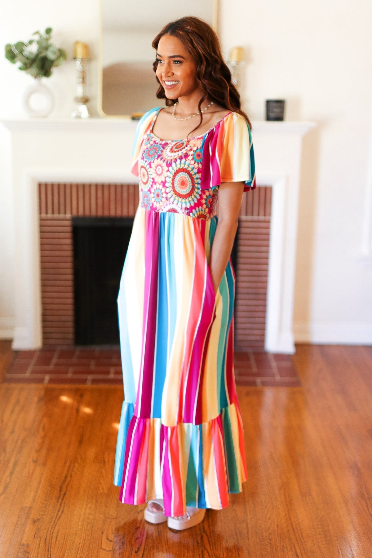 Feeling Bold Fuchsia & Teal Striped Medallion Crochet Print Dress-Modish Lily, Tecumseh Michigan